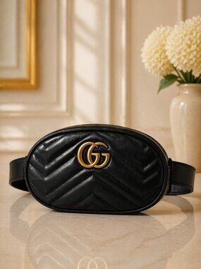 Authentic Gucci GG Marmont Matelassé Leather Belt Bag Black | Quilted Waist Bag